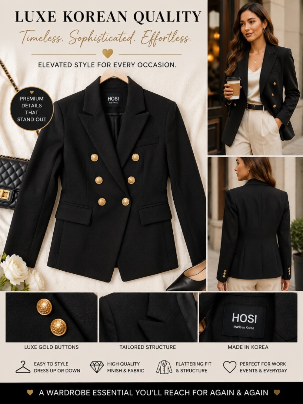HOSI Luxe Korean Black Double-Breasted Blazer Gold Buttons S/M